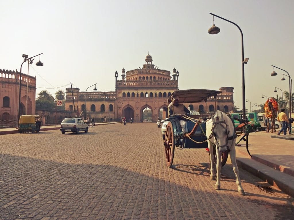 A horse-drawn cart on a sunny day near Rumi Darwaza, Lucknow, India.