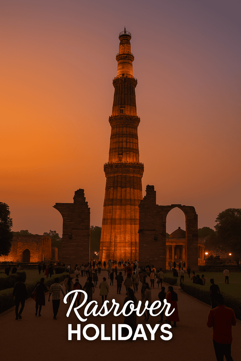 Qutub Minar at sunset in Delhi with elegant “Rasrover Holidays” branding