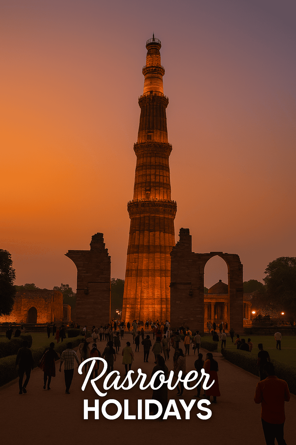 Qutub Minar at sunset in Delhi with elegant “Rasrover Holidays” branding