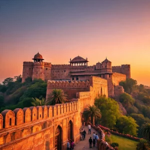Amber Fort in Jaipur with tourists and elephants