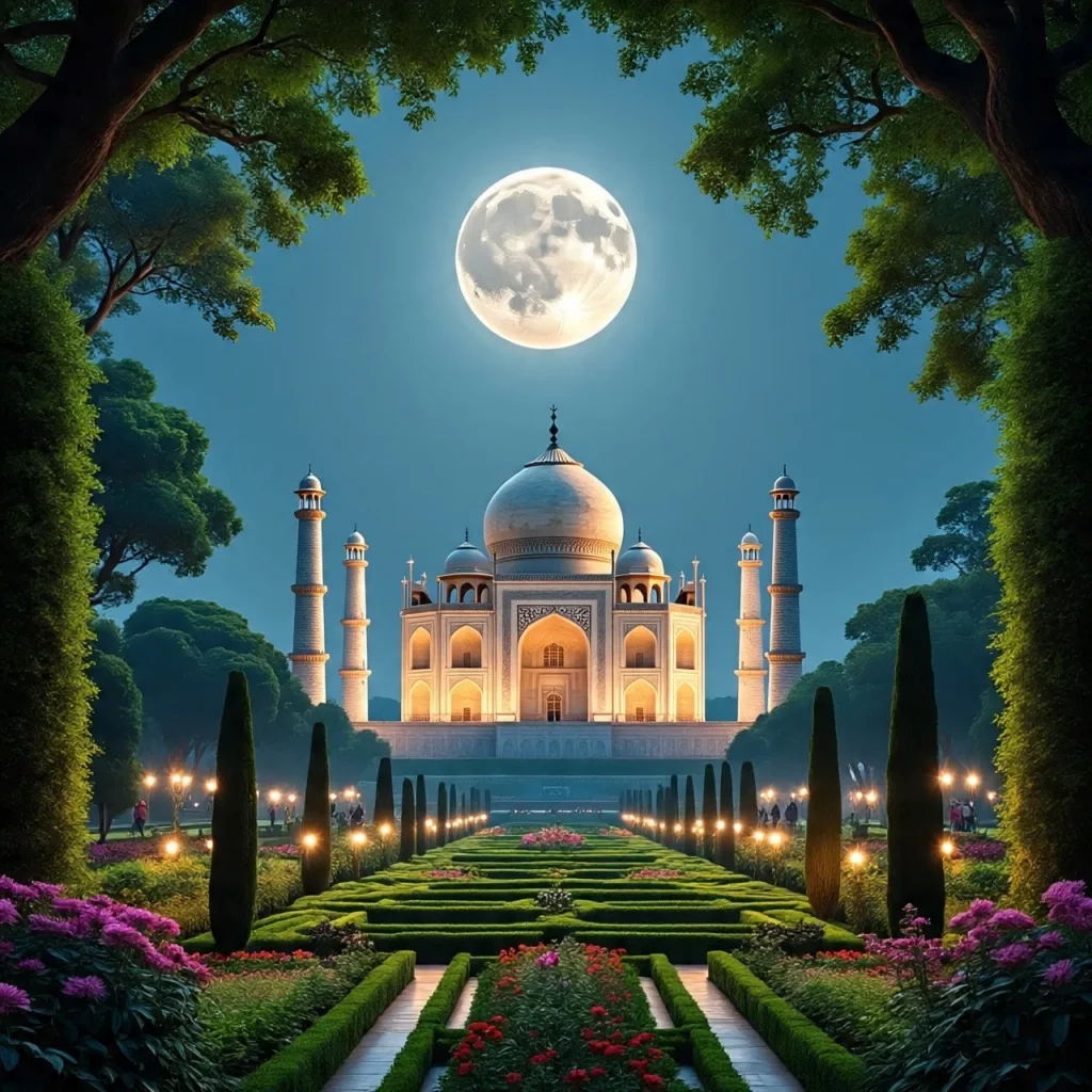 Mehtab Bagh in Agra with symmetrical gardens and Taj backdrop