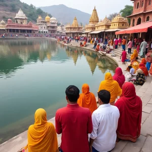 Pushkar Lake with pilgrims and floating lamps