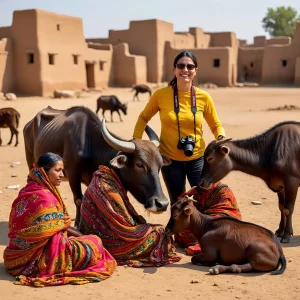 Tribal village scene in Rajasthan with traditional mud homes, local attire, and desert surroundings