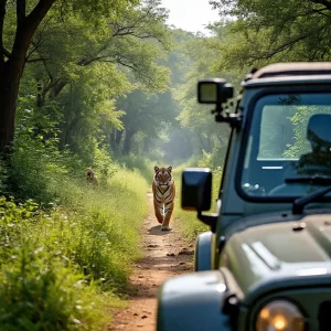 Tourists spotting a tiger during safari in Ranthambore National Park with forest backdrop