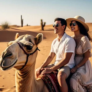 Foreign tourist couple riding a camel across Jaisalmer’s golden desert dunes