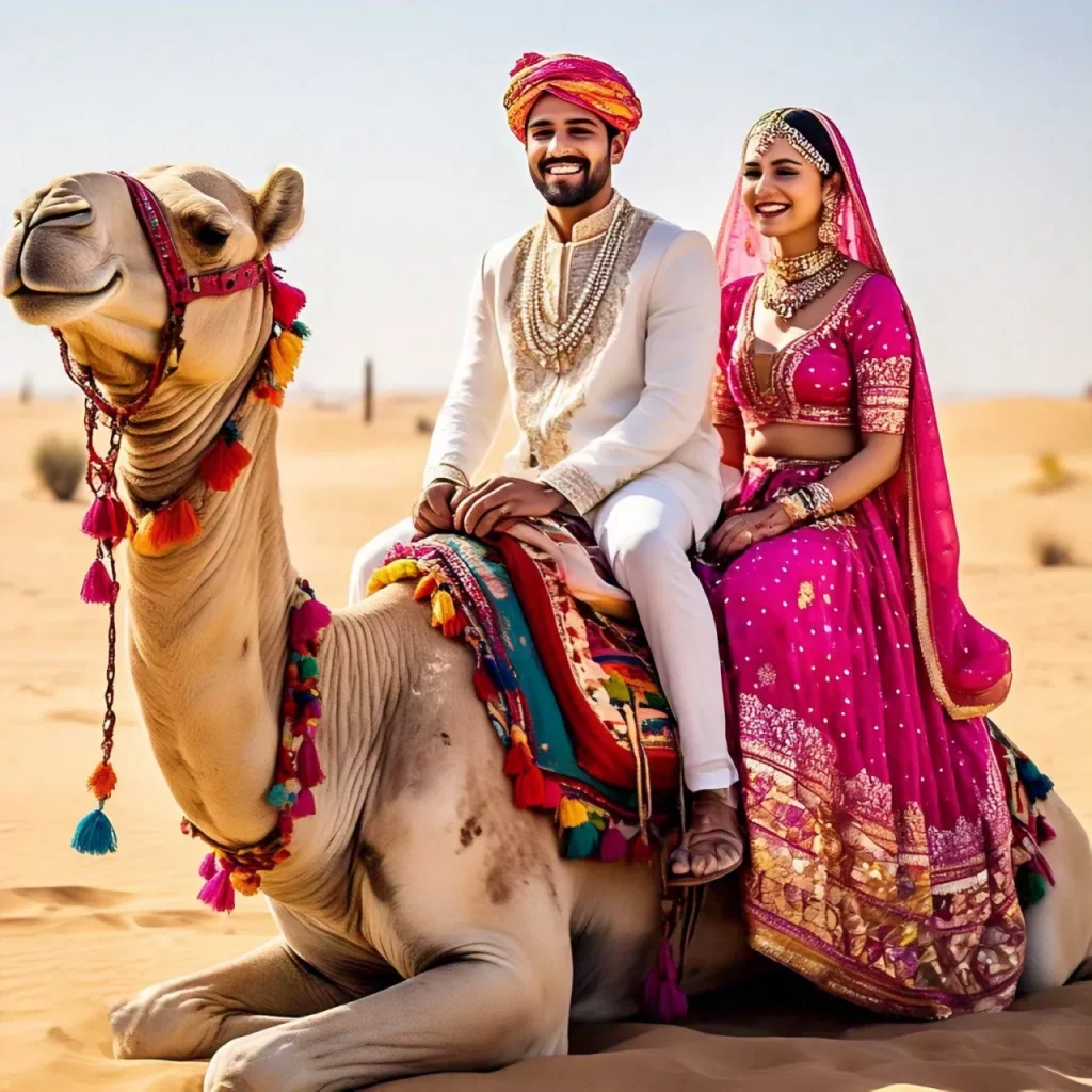 Newlywed couple riding a camel across Jaisalmer’s golden desert dunes