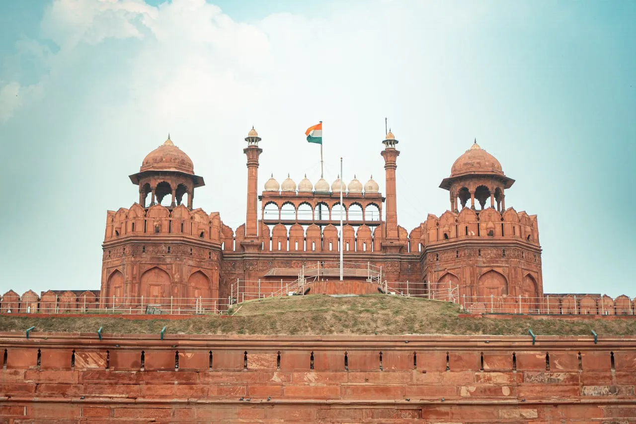 Interior view of Red Fort Delhi showing Diwan-i-Aam and Mughal arches